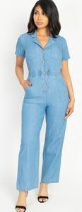 Women's Button Front Short Sleeve Denim Jumpsuit